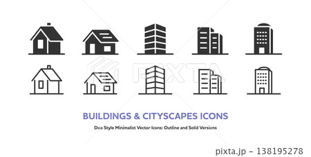 戸建,ビル,マンション,ホテルなどのシンプルなベクターアイコンセット。線画と塗り 戸建,ビル,マンション,ホテルなどのシンプルなベクターアイコンセット。線画と塗り 138195278