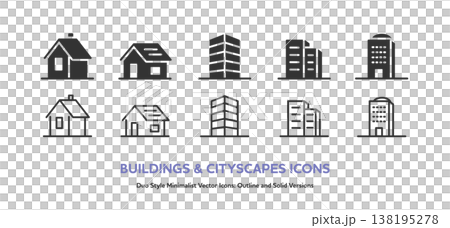 A set of simple vector icons for houses, buildings, apartments, hotels, etc. Includes line art and colored versions. 138195278