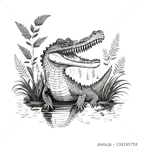 池で水遊びしているワニみたいな生き物、顔が怖い 138195758