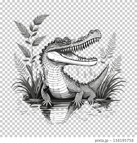 池で水遊びしているワニみたいな生き物、顔が怖い 138195758