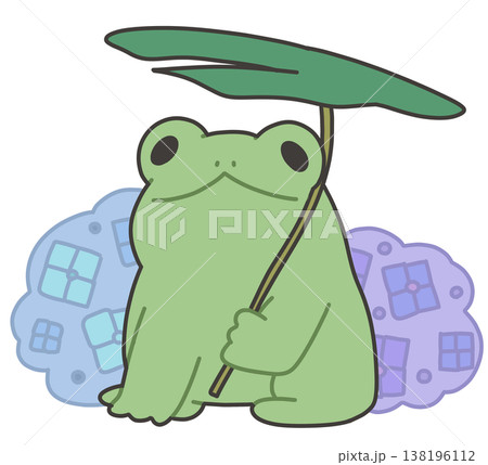 紫陽花と葉っぱの傘をさすカエル 138196112
