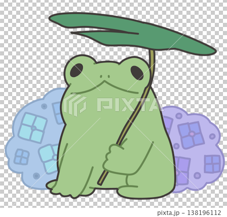 紫陽花と葉っぱの傘をさすカエル 138196112