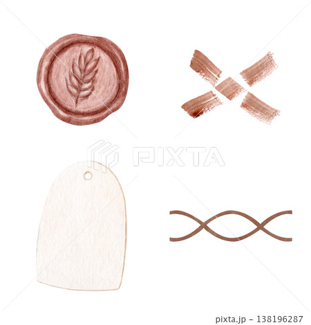 Bakery branding watercolor set with wax seal, brush strokes, paper tag and decorative border. Hand painted rustic elements for packaging, labels, logo design and organic food branding systems Bakery branding watercolor set with wax seal, brush strokes, paper tag and decorative border. Hand painted rustic elements for packaging, labels, logo design and organic food branding systems 138196287
