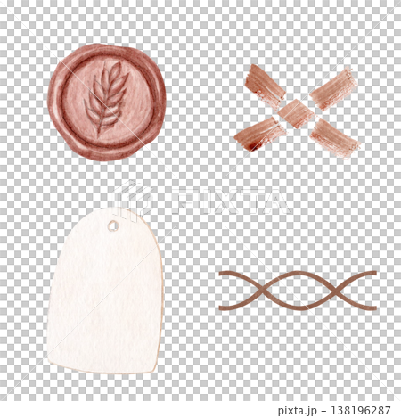 Bakery branding watercolor set with wax seal, brush strokes, paper tag and decorative border. Hand painted rustic elements for packaging, labels, logo design and organic food branding systems Bakery branding watercolor set with wax seal, brush strokes, paper tag and decorative border. Hand painted rustic elements for packaging, labels, logo design and organic food branding systems 138196287