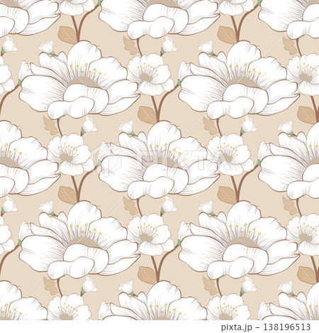 Seamless Vintage Floral Pattern with White and Beige Flowers, Elegant Botanical Line Art Texture Background Illustration Seamless Vintage Floral Pattern with White and Beige Flowers, Elegant Botanical Line Art Texture Background Illustration 138196513