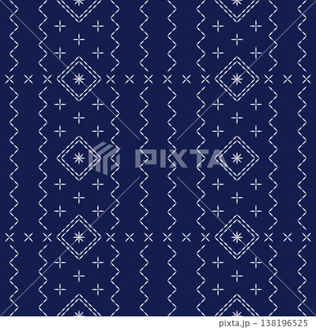 Traditional Japanese Sashiko Embroidery Seamless Vector Pattern, White Geometric Stitching Mix on Indigo Blue Background, Oriental Textile Texture Traditional Japanese Sashiko Embroidery Seamless Vector Pattern, White Geometric Stitching Mix on Indigo Blue Background, Oriental Textile Texture 138196525