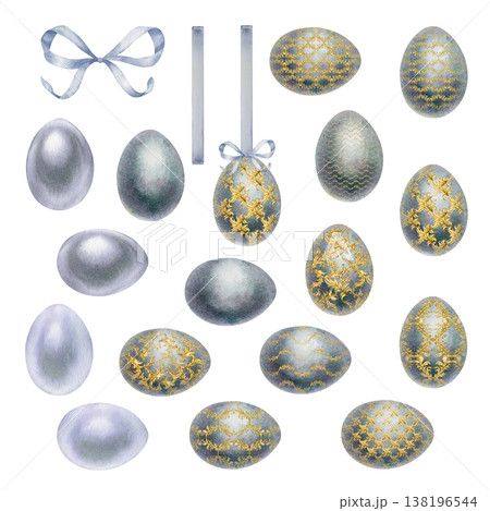 Set of Easter eggs with royal gold ornaments, a blue bow, and a pendant. Elegant spring hand draw watercolor clip art in a vintage style for Easter greeting cards, invitations, and holiday decorations 138196544
