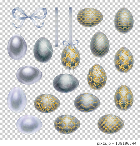 Set of Easter eggs with royal gold ornaments, a blue bow, and a pendant. Elegant spring hand draw watercolor clip art in a vintage style for Easter greeting cards, invitations, and holiday decorations 138196544