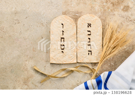 Shavuot holiday with ten commandments tablets, wheat and tallit Shavuot holiday with ten commandments tablets, wheat and tallit 138196628