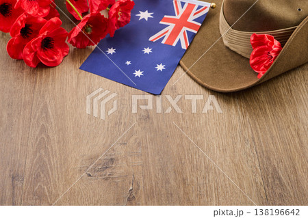 Australian anzac day commemoration with poppies and slouch hat Australian anzac day commemoration with poppies and slouch hat 138196642