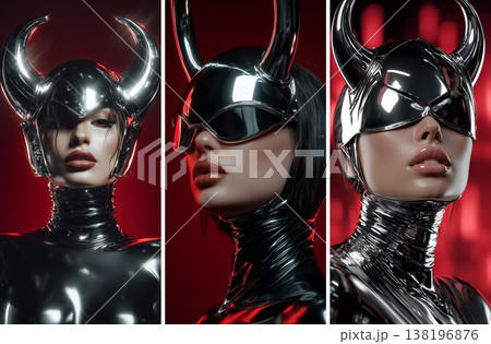 A Futuristic High Fashion Portrait of Woman Wearing Chrome Helmet with Metallic Devil Horns - Generative Ai 138196876