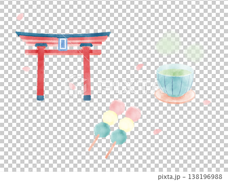 鳥居、三色團子、綠茶、春天、櫻花、漫步、套裝、水彩插畫、可愛、風格化、賞櫻、觀光、材料 138196988