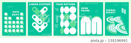 A series of five modern minimalist geometric posters in teal and green featuring abstract shapes grids links circles and bold business typography with strategic messages. A series of five modern minimalist geometric posters in teal and green featuring abstract shapes grids links circles and bold business typography with strategic messages. 138196991