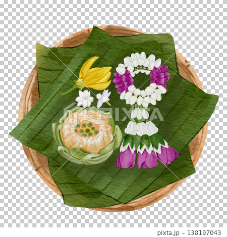 Thai Floral Arrangement on Banana Leaf with Garland Traditional Offering Set Thai Floral Arrangement on Banana Leaf with Garland Traditional Offering Set 138197043