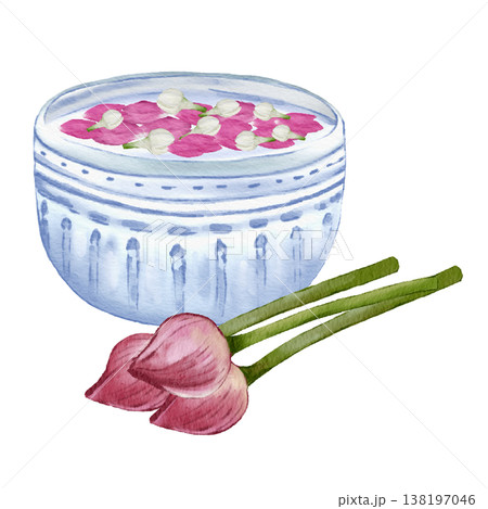 Thai Rose Water Bowl with Lotus Petals and Green Leaves Traditional Arrangement 138197046