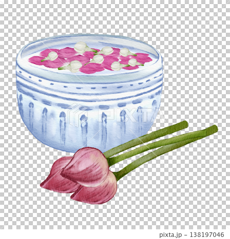 Thai Rose Water Bowl with Lotus Petals and Green Leaves Traditional Arrangement 138197046