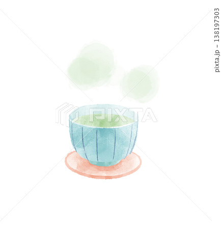 緑茶 湯呑み 水彩 イラスト かわいい デフォルメ 日本茶 お茶 休憩 和食 素材 138197303