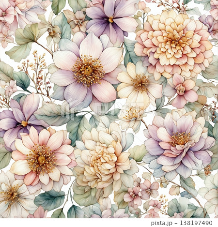 watercolor painting of leaf and flowers pattern watercolor painting of leaf and flowers pattern 138197490