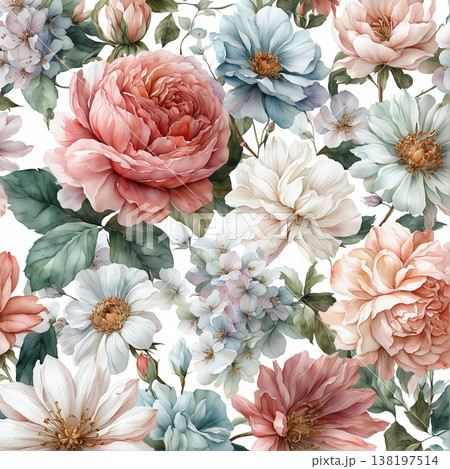 watercolor painting of leaf and flowers pattern 138197514