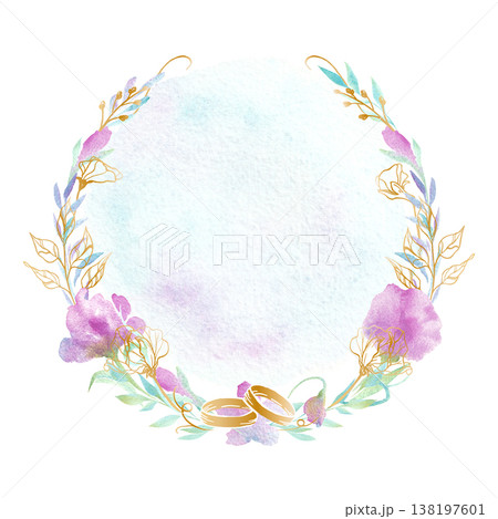A delicate watercolor floral wreath. A template with text space for wedding cards, invitations, and banners. A delicate watercolor floral wreath. A template with text space for wedding cards, invitations, and banners. 138197601