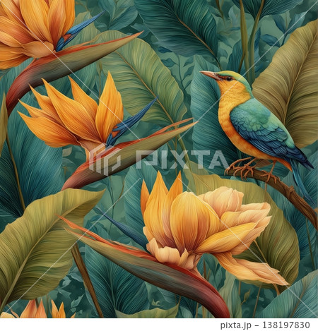 watercolor painting of leaf and flowers pattern 138197830