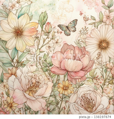 watercolor painting of leaf and flowers pattern 138197874