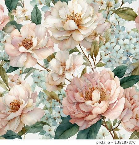 watercolor painting of leaf and flowers pattern watercolor painting of leaf and flowers pattern 138197876