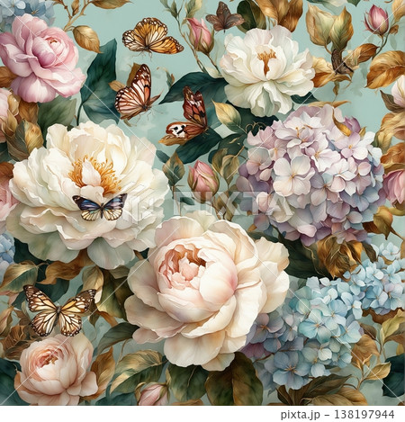 watercolor painting of leaf and flowers pattern watercolor painting of leaf and flowers pattern 138197944
