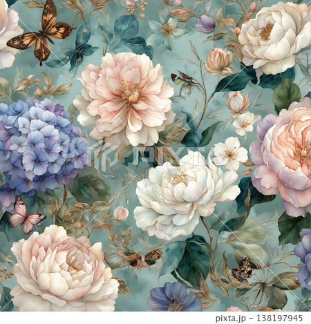 watercolor painting of leaf and flowers pattern 138197945