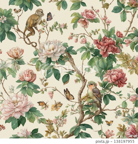 watercolor painting of leaf and flowers pattern 138197955