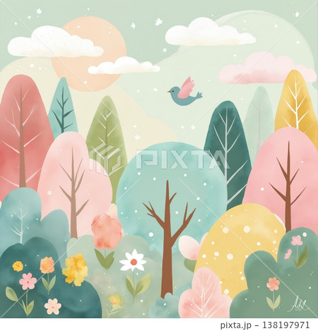 watercolor painting of leaf and flowers pattern 138197971