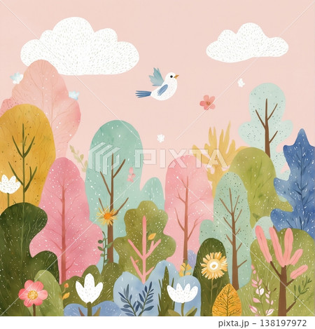 watercolor painting of leaf and flowers pattern 138197972