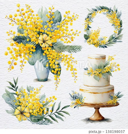 watercolor painting of leaf and flowers pattern 138198037