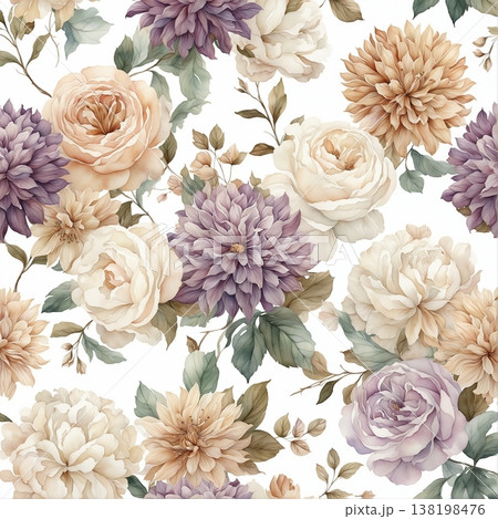 watercolor painting of leaves and flower pattern watercolor painting of leaves and flower pattern 138198476