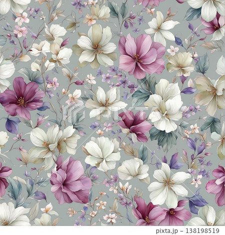 watercolor painting of leaves and flower pattern 138198519