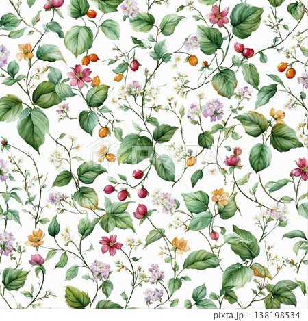 watercolor painting of leaves and flower pattern watercolor painting of leaves and flower pattern 138198534