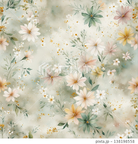 watercolor painting of leaf and flowers pattern 138198558