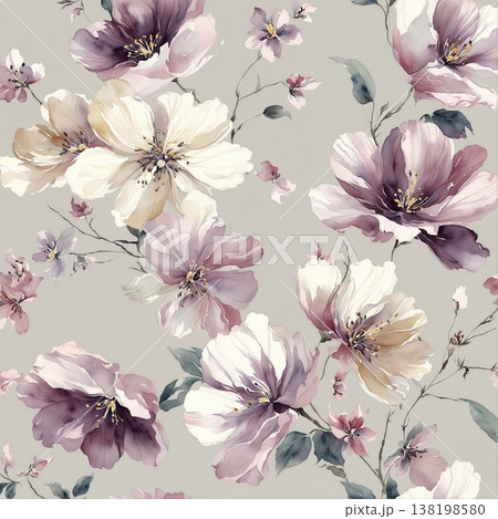 watercolor painting of leaf and flowers pattern 138198580