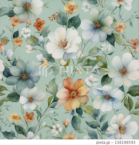 watercolor painting of leaf and flowers pattern 138198593