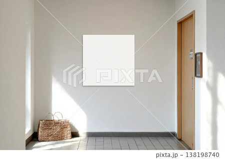 Empty white blank square sign frame mounted on the wall near room door, beige color, at the hotel. Mockup floor sign or signage for information. Empty white blank square sign frame mounted on the wall near room door, beige color, at the hotel. Mockup floor sign or signage for information. 138198740