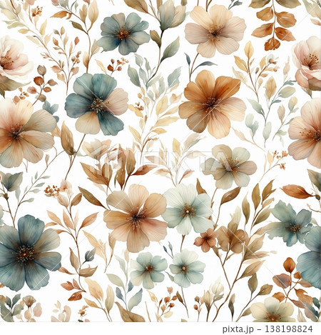 watercolor painting of leaf and flowers pattern 138198824