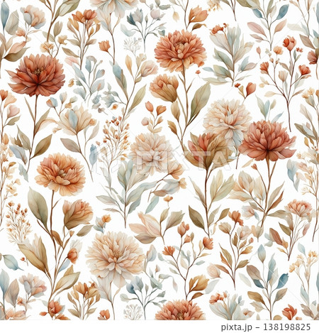 watercolor painting of leaf and flowers pattern 138198825