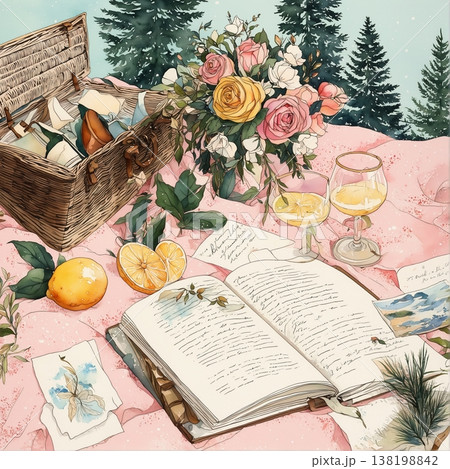 watercolor painting of leaf and flowers pattern 138198842