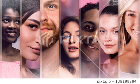 Collage of diverse people faces with different ethnicities and expressions in studio lighting. Collage of diverse people faces with different ethnicities and expressions in studio lighting. 138199294