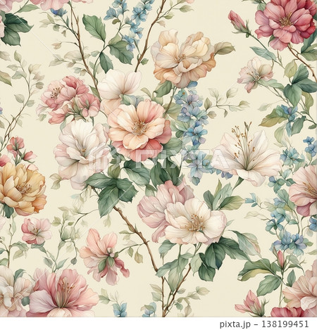 watercolor painting of leaf and flowers pattern 138199451