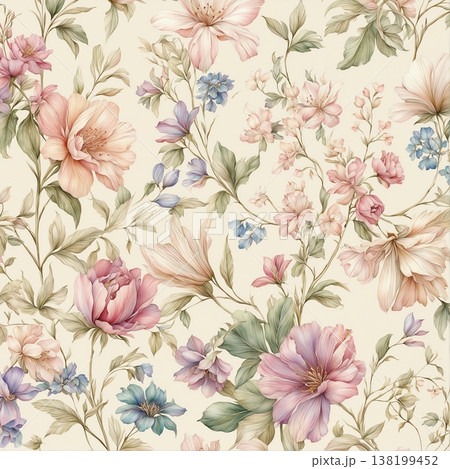 watercolor painting of leaf and flowers pattern 138199452
