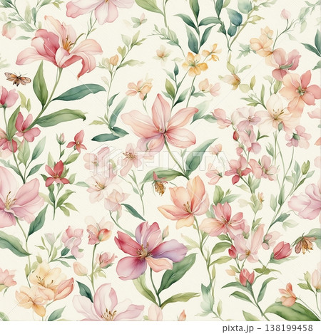 watercolor painting of leaf and flowers pattern 138199458