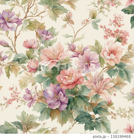 watercolor painting of leaf and flowers pattern 138199468