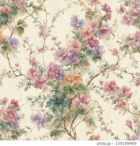 watercolor painting of leaf and flowers pattern watercolor painting of leaf and flowers pattern 138199469