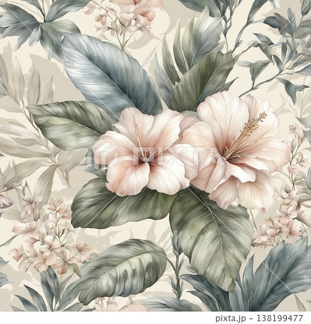 watercolor painting of leaf and flowers pattern 138199477